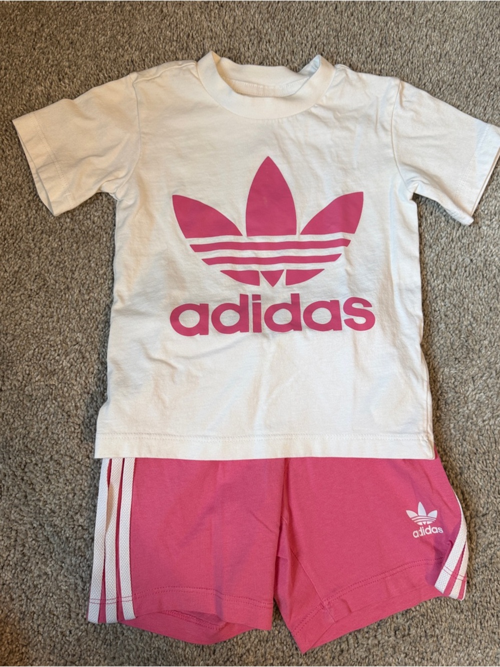 adidas White & Pink Trefoil Tee and Shorts Set